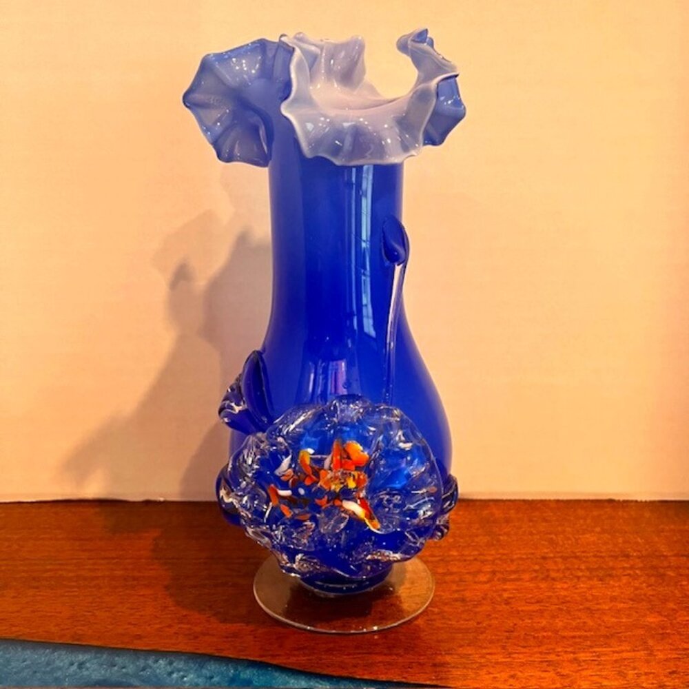 Blue Blown Glass Art Vase Murano Style with Applied Flower Ruffled Top